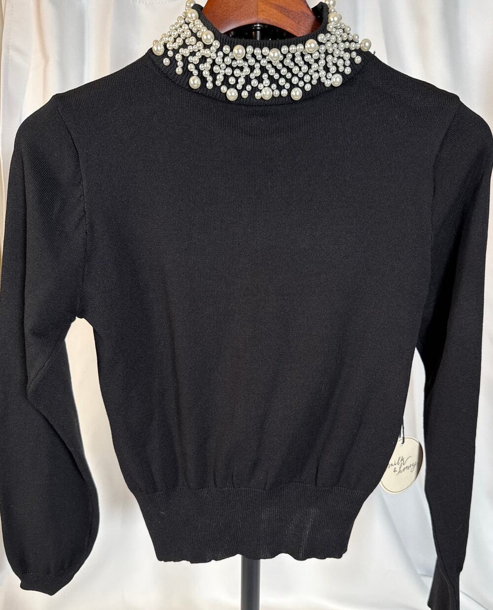 Milk & Honey Knitwear Pearl Embellished Collar Black Knit Sweater Women's S NWT